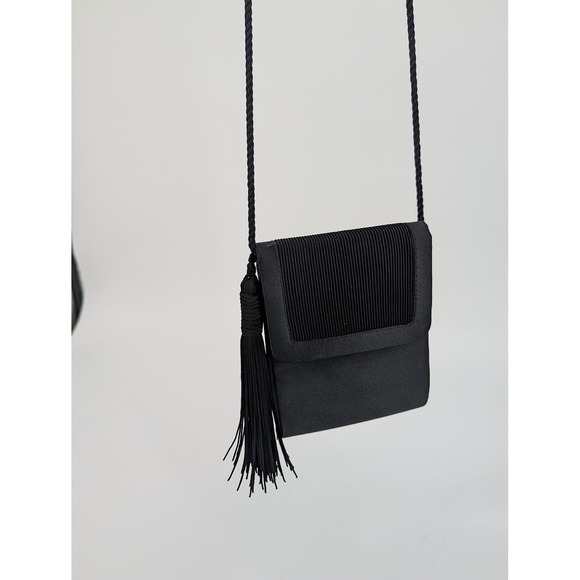 Lord & Taylor Vintage Black Satin Evening Bag Pleated Tassel Crossbody Clutch - Picture 9 of 12